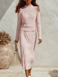 Resort-style Turtleneck Long-sleeved And Midi Skirt Knit Set
