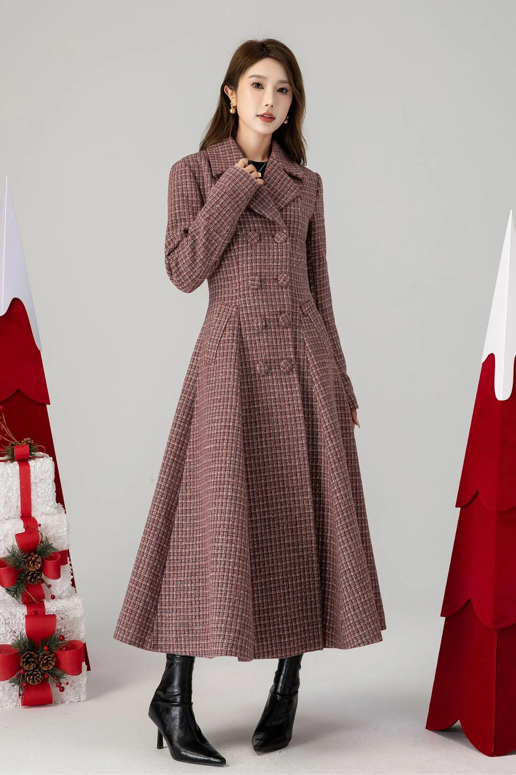 Plaid Wool Coat Maxi - Fit and Flare Double Breasted 4614