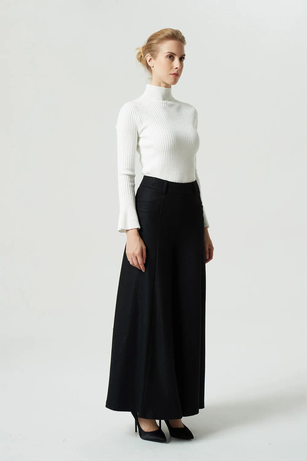 Black Wool Wide Leg Palazzo Pants - High Waist Pleated Maxi Pants 1998