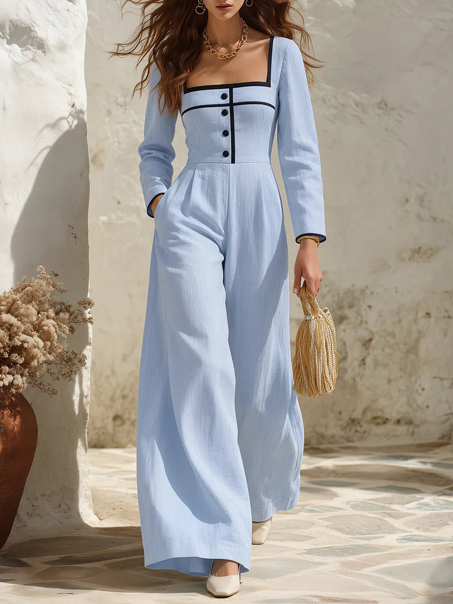 Resort-style Square-neck Long-sleeve Cotton-linen Jumpsuit