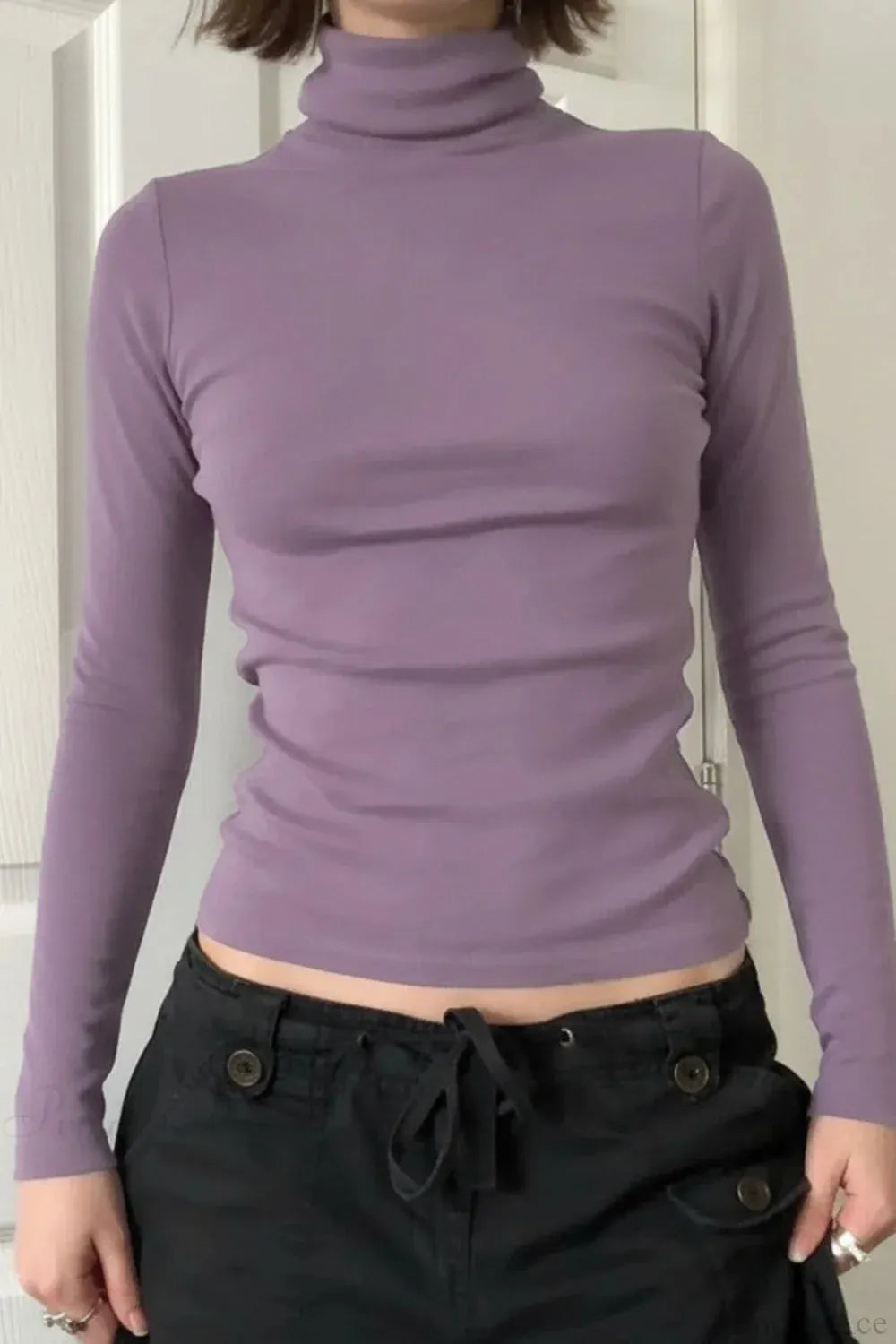 Solid Turtleneck Slim Minimalist Long Sleeve Tee