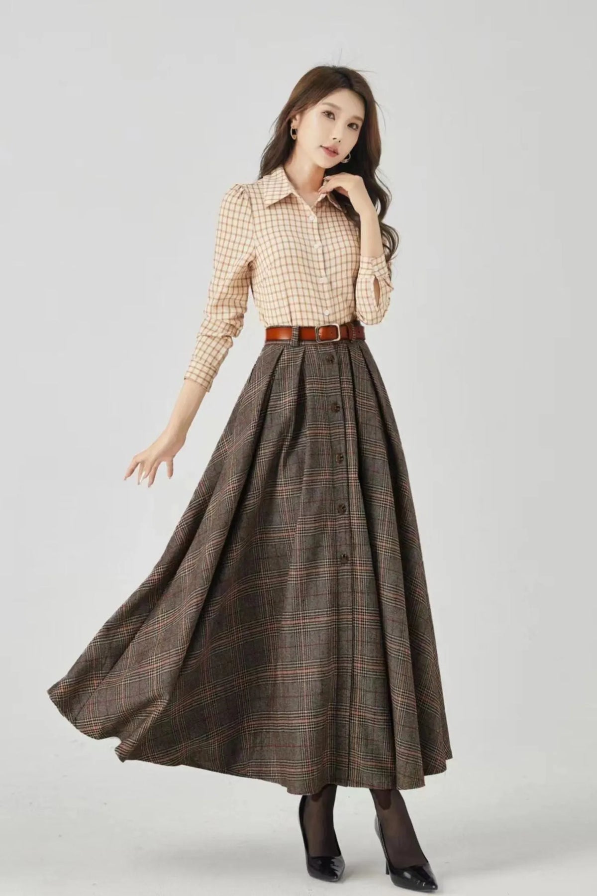 Plaid Wool A-Line Long Skirt - Flared Ankle-Length Winter Style 4536