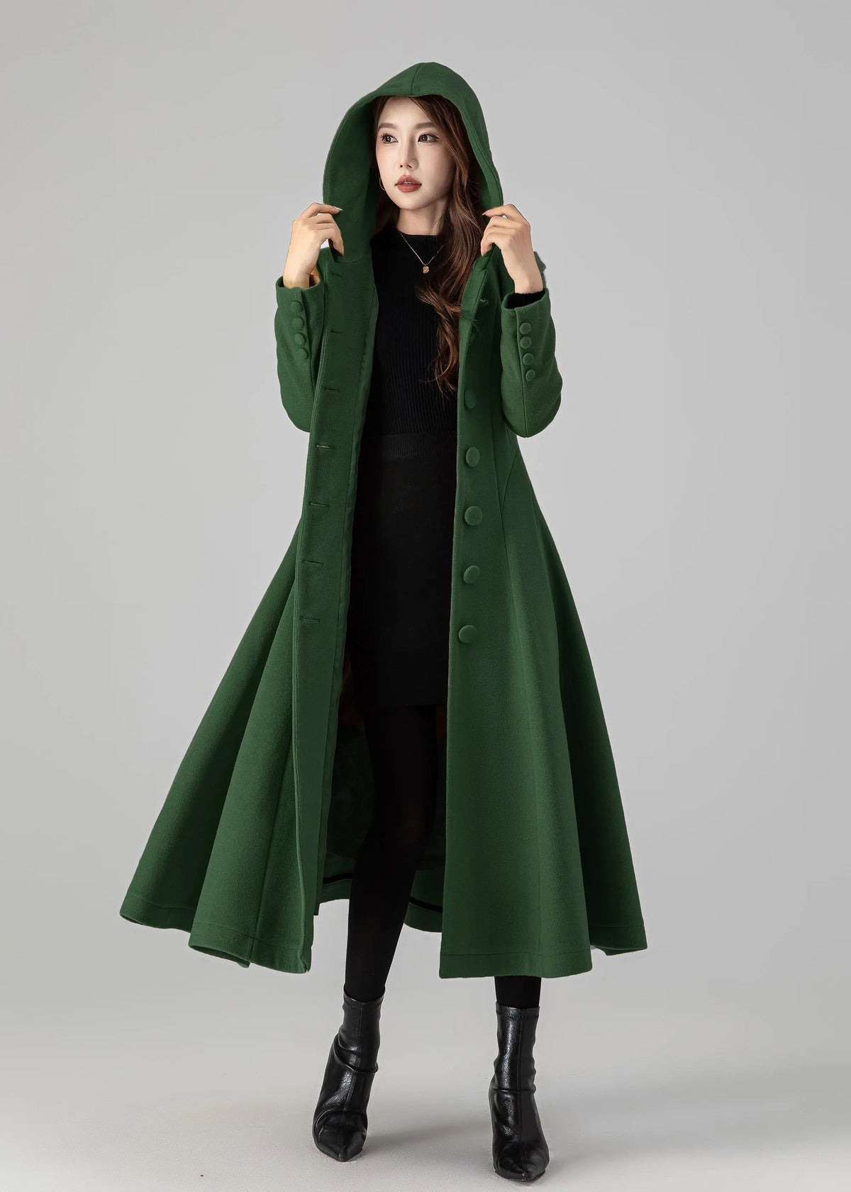 Forest Green Wool Blend Swing Coat - Hooded, Long Sleeve 5503