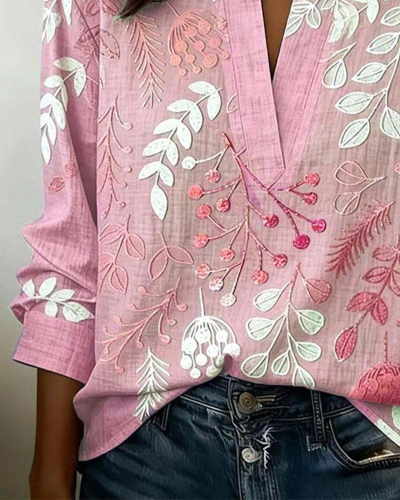 Women's V-Neck Floral Embroidered Blouse, Long Sleeve Notch Collar Linen Blend Top