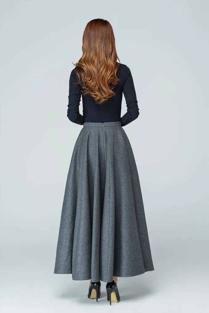 Grey Wool Blend Maxi Circle Skirt - Pleated A-Line 
