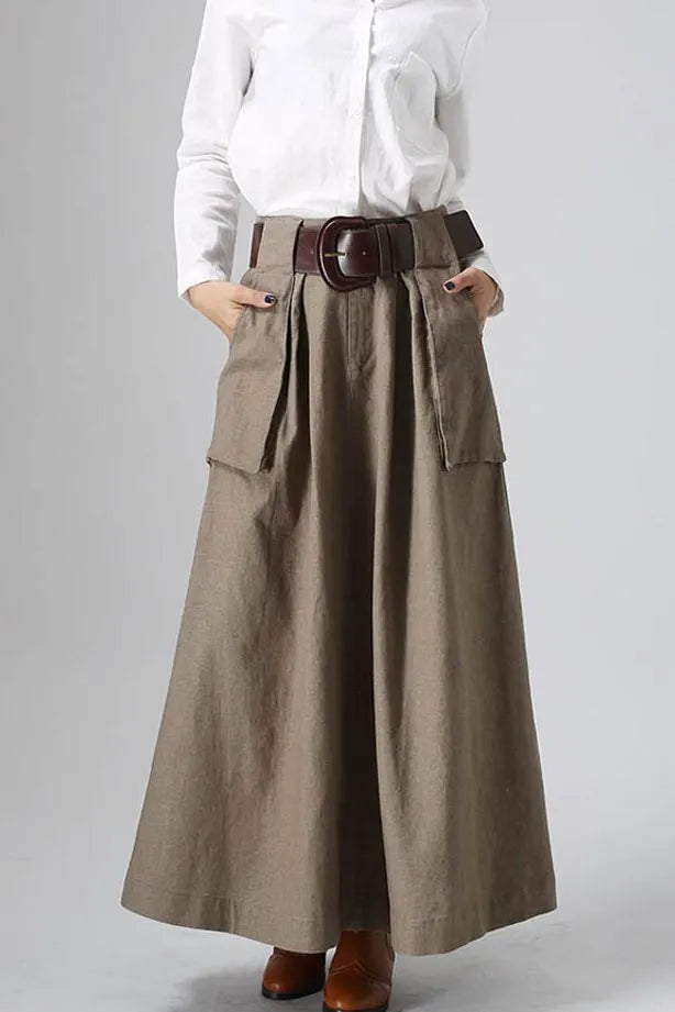 Khaki Linen Maxi Skirt – Vintage High Waist Long Skirt with Large Pockets 0820