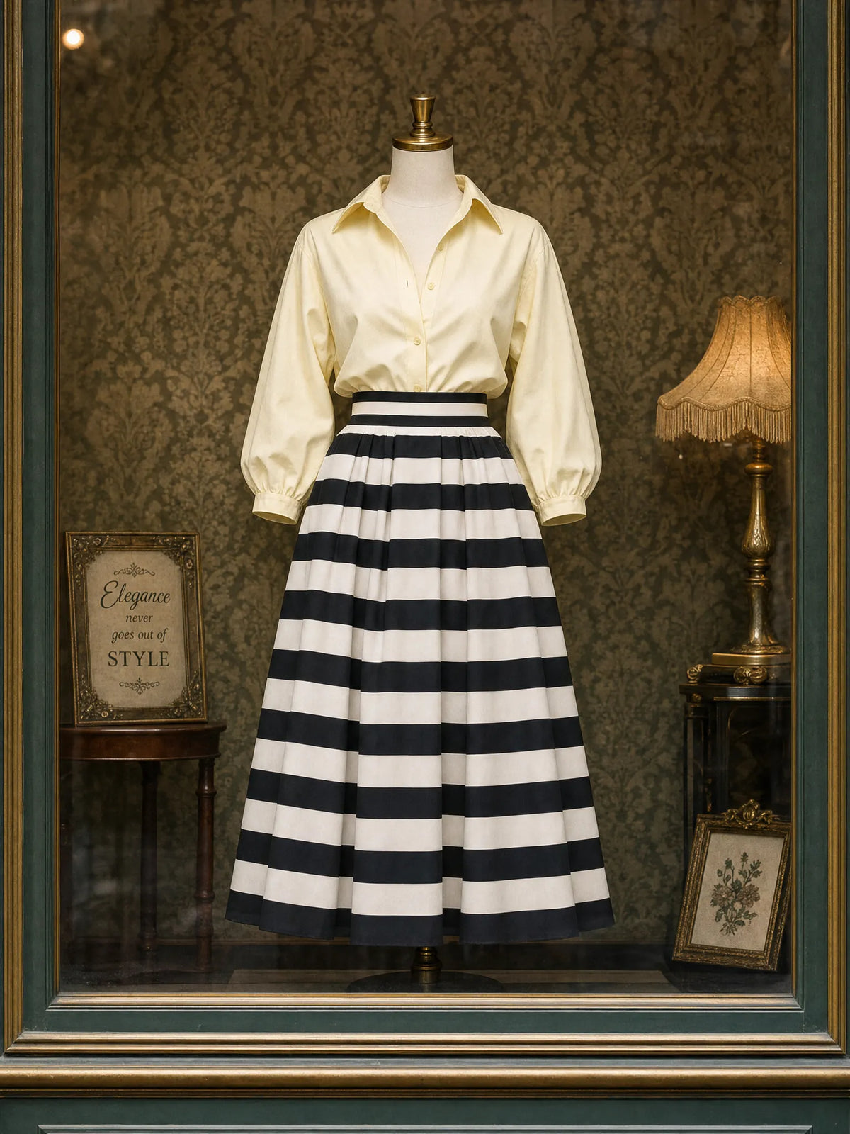 Vintage Thick Stripe High Waist Pleated Maxi Skirt