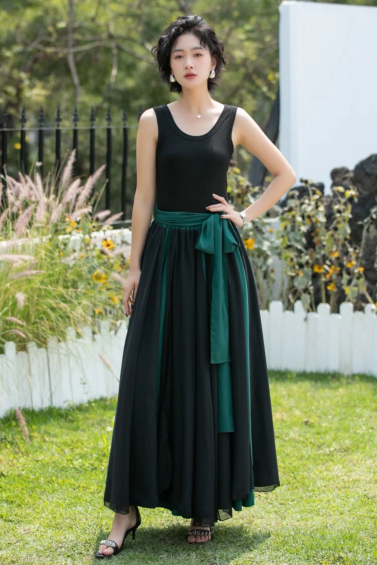 Black and Emerald Green Chiffon Maxi Skirt 