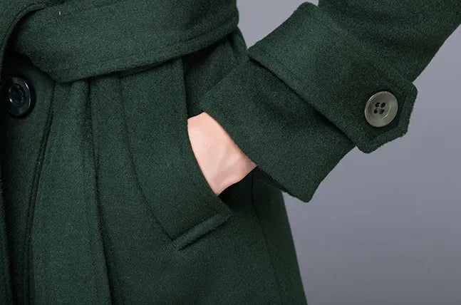 Handmade Dark Green Wool Coat – Double Breasted Military Long Overcoat 