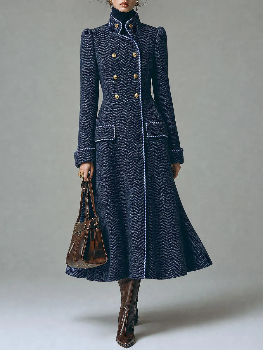 Herringbone Wool Double-Breasted Long Coat with Contrast Piping