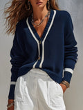 Retro Casual Color-blocked Striped Knit Cardigan