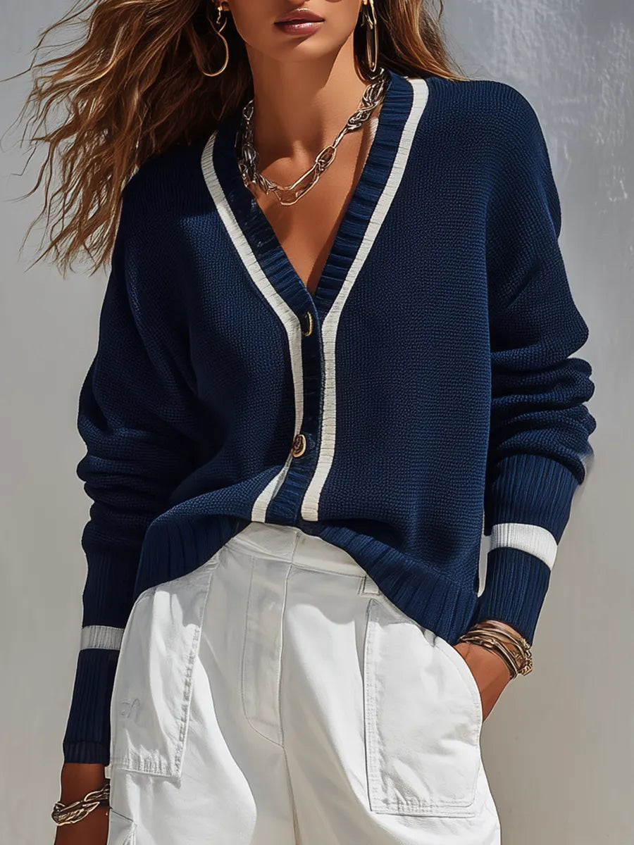 Retro Casual Color-blocked Striped Knit Cardigan