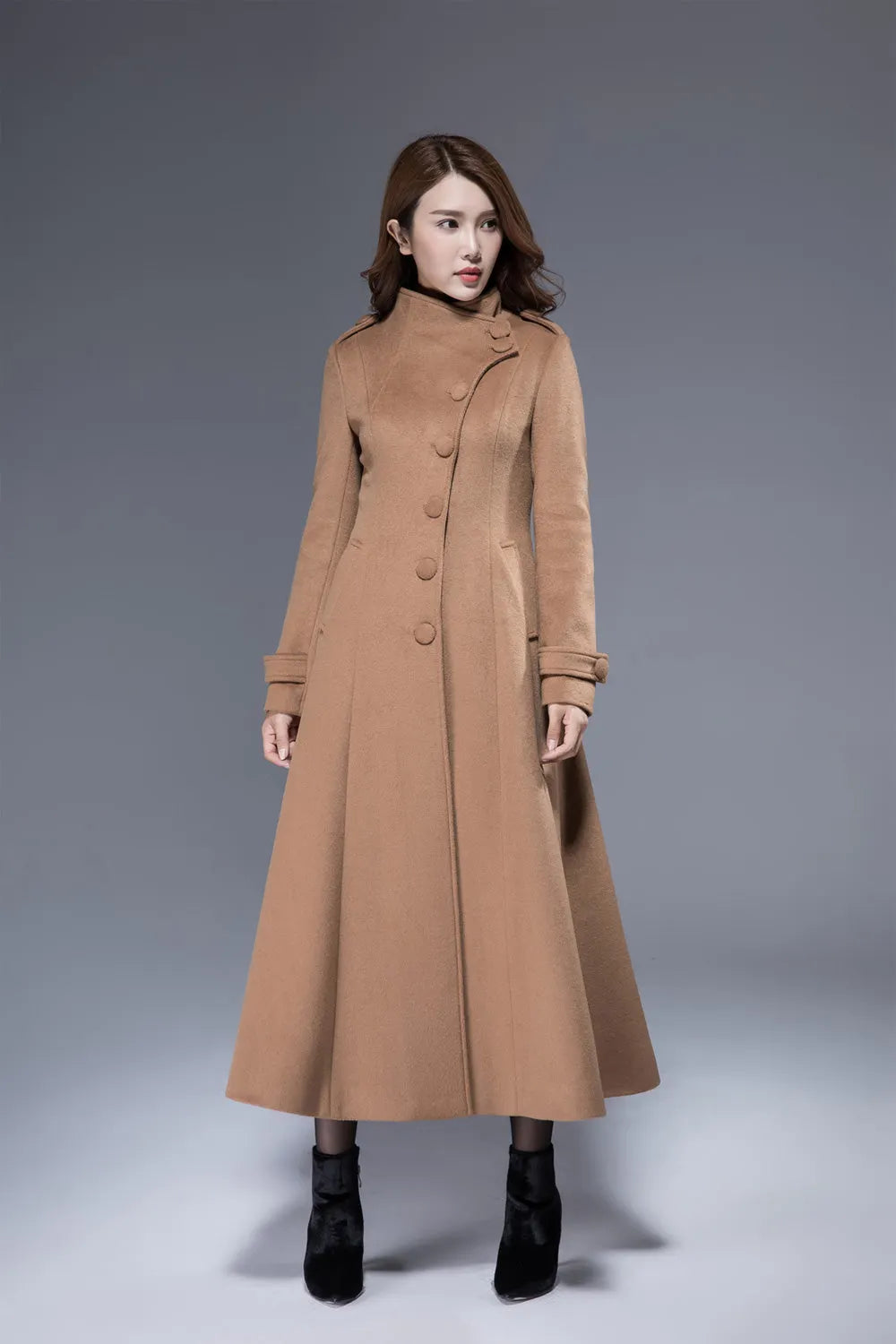 Xiaolizi Camel Long Wool Coat for Women – Handmade High-Neck Fit-and-Flare Winter Coat 1826