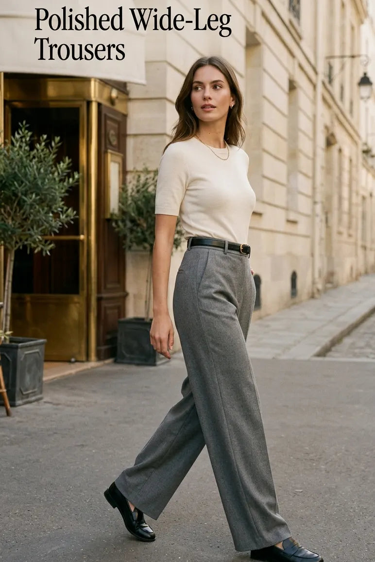 Gray Wool Wide-Leg Pants - High Waist Fitted 