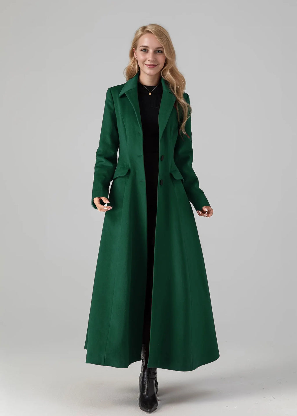 Emerald Wool Long Coat - Flared Silhouette with Classic Collar 5435