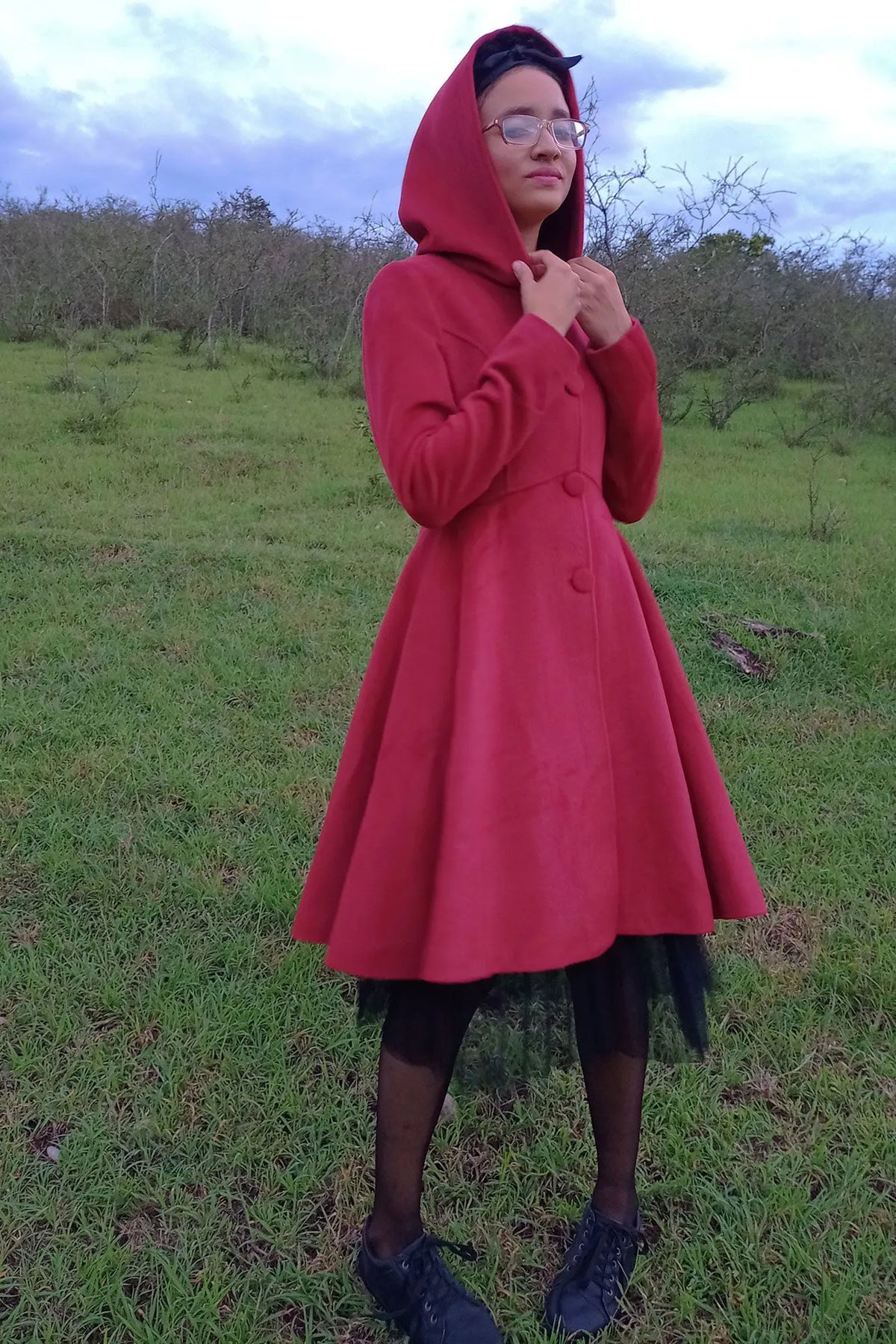 Red Wool Hooded Coat - Fit and Flare Swing Silhouette 3226
