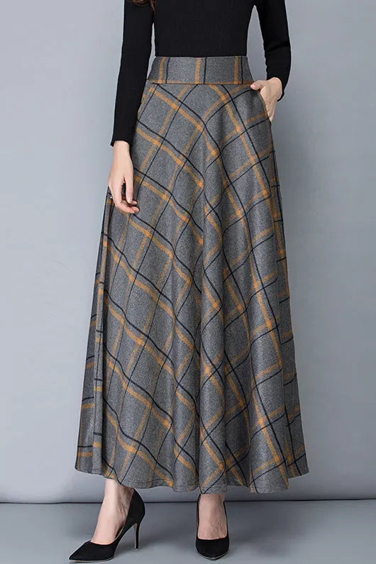 Plaid Wool Maxi Skirt - Ankle-Length with Stretch Waist 3914