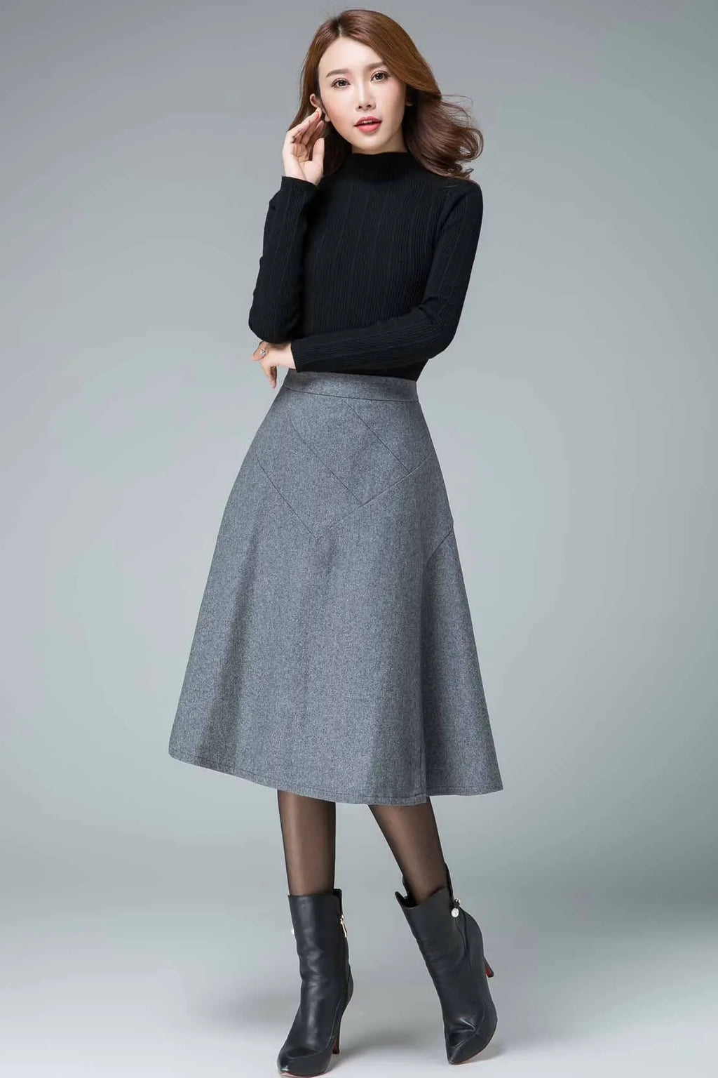 Gray Wool A-Line Skirt - Seam Detail Banded Waist 
