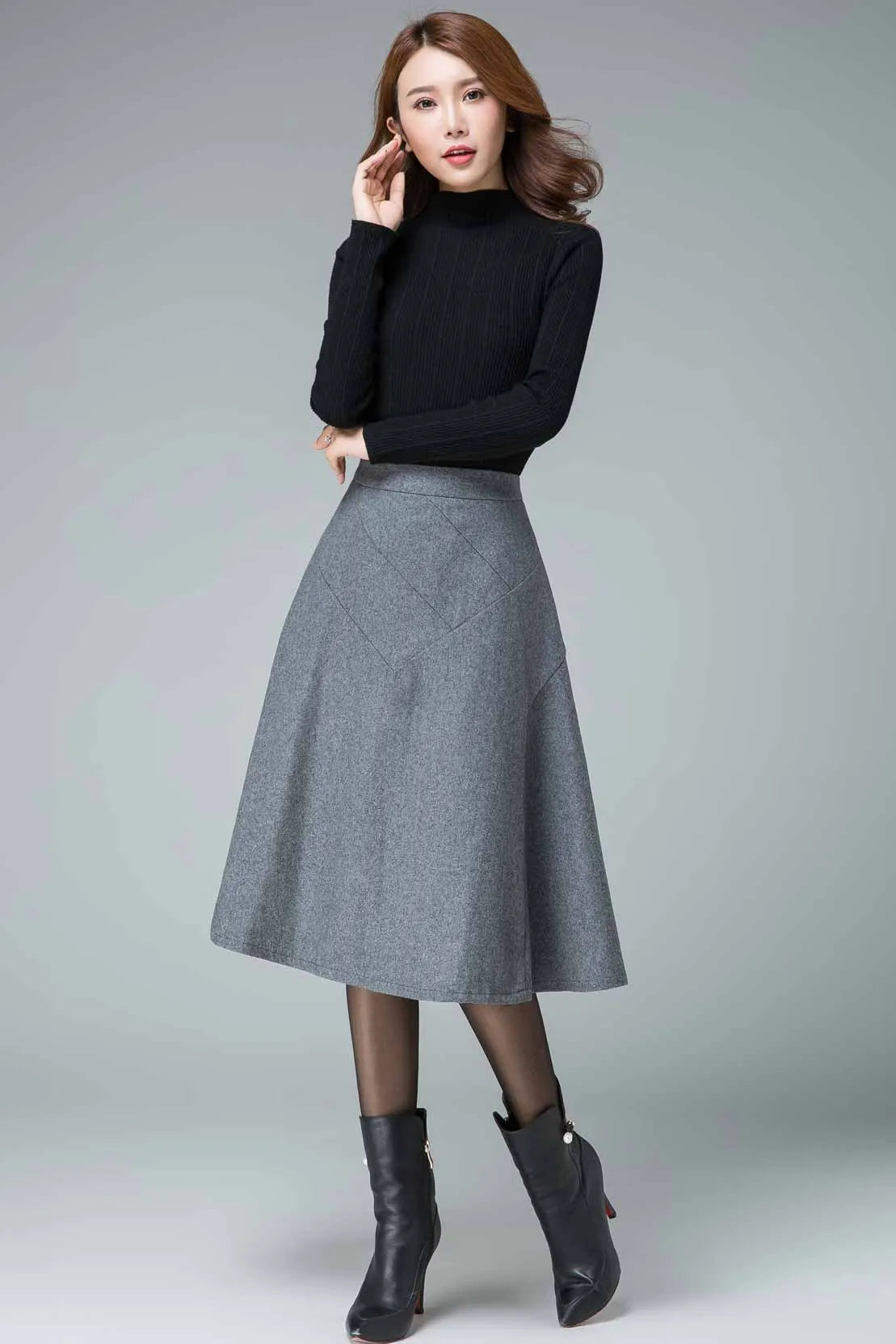Gray Wool A-Line Skirt - Seam Detail Banded Waist 