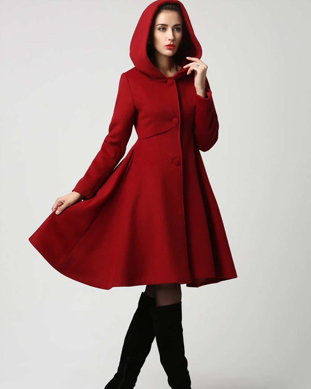 Dark Red Hooded Wool Coat – Vintage Fit and Flare Winter Overcoat 1117