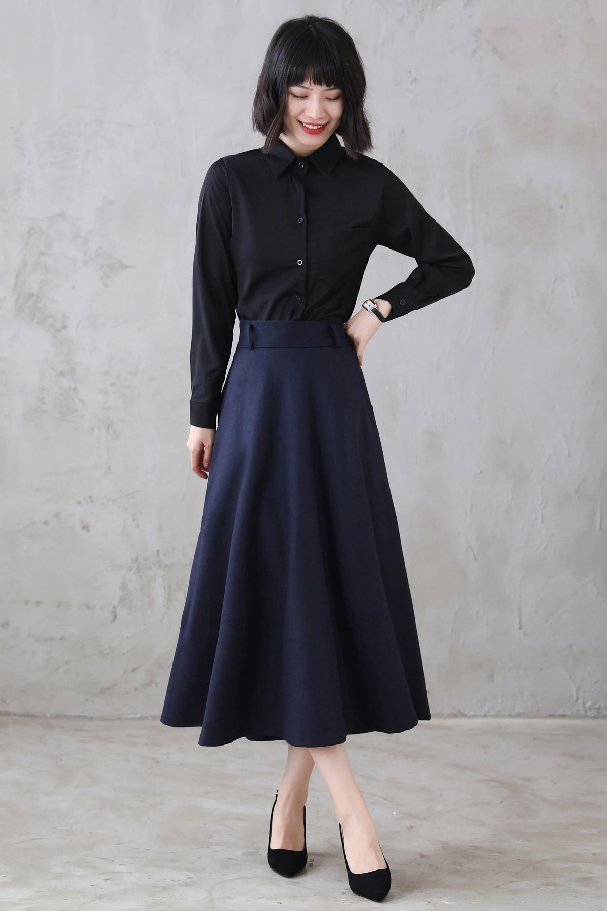 Navy Wool Midi Skirt - Vintage Inspired A-Line Silhouette 3118