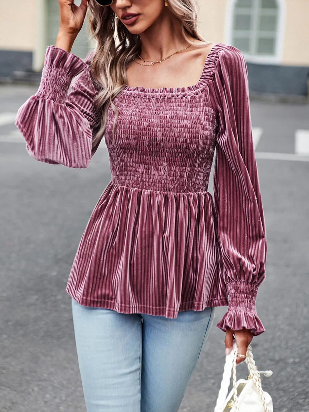 Square Neckline Smoky Velvet Babydoll Top