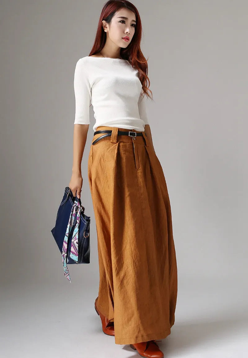 Women’s Handmade Linen Maxi Skirt – Brown Asymmetrical Bohemian Skirt 