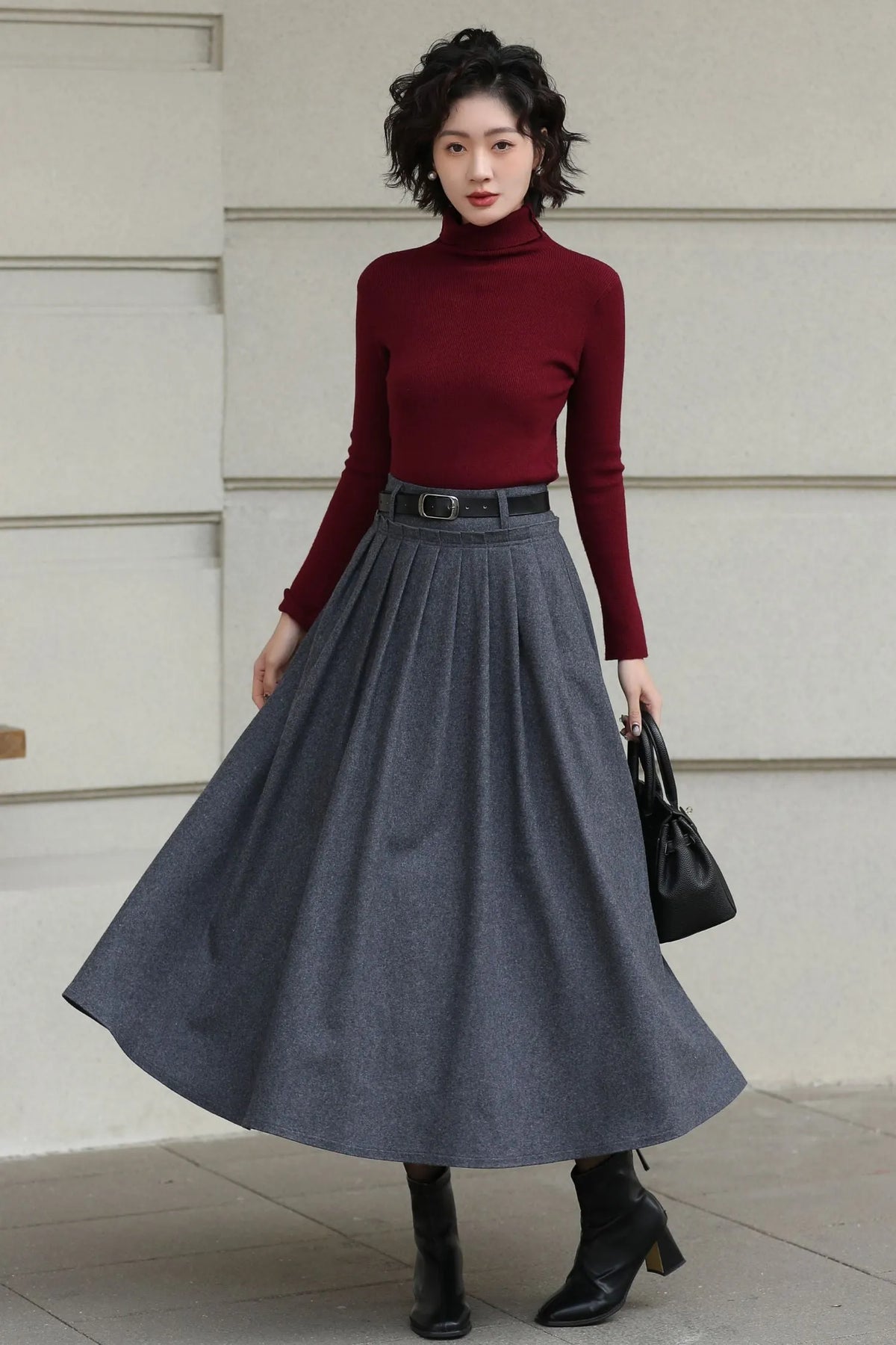 Handmade Vintage Wool Skirt – Gray Pleated A-Line Midi Skirt for Winter 6613