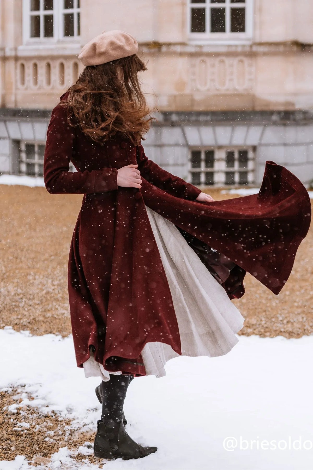 Burgundy Hooded Wool Coat – Romantic Fit & Flare Winter Midi 