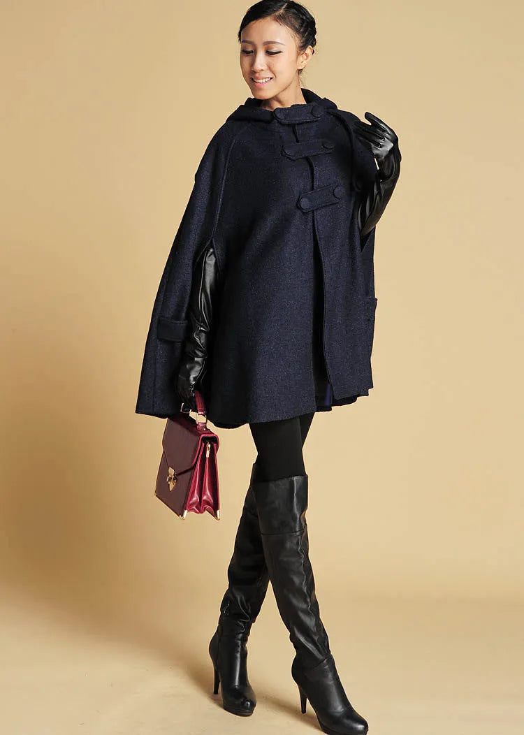 Handmade Wool Cape in Navy – Women’s Oversized Hooded Coat 0391