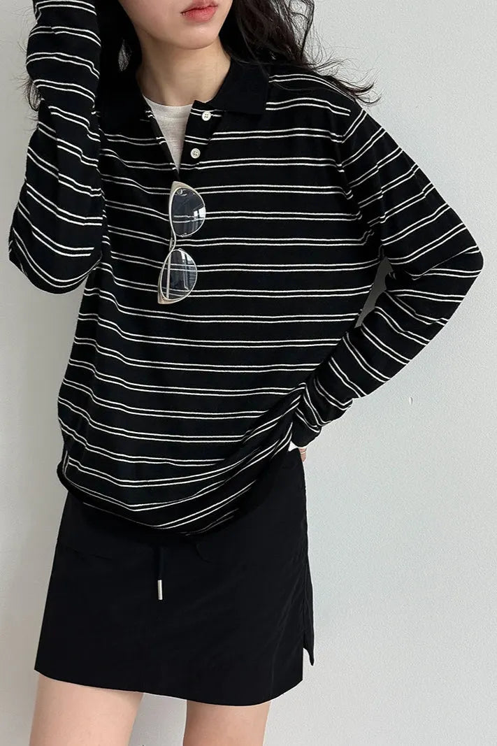 Soft Wool Striped Polo Collar Long Sleeve Long Sleeve Tee