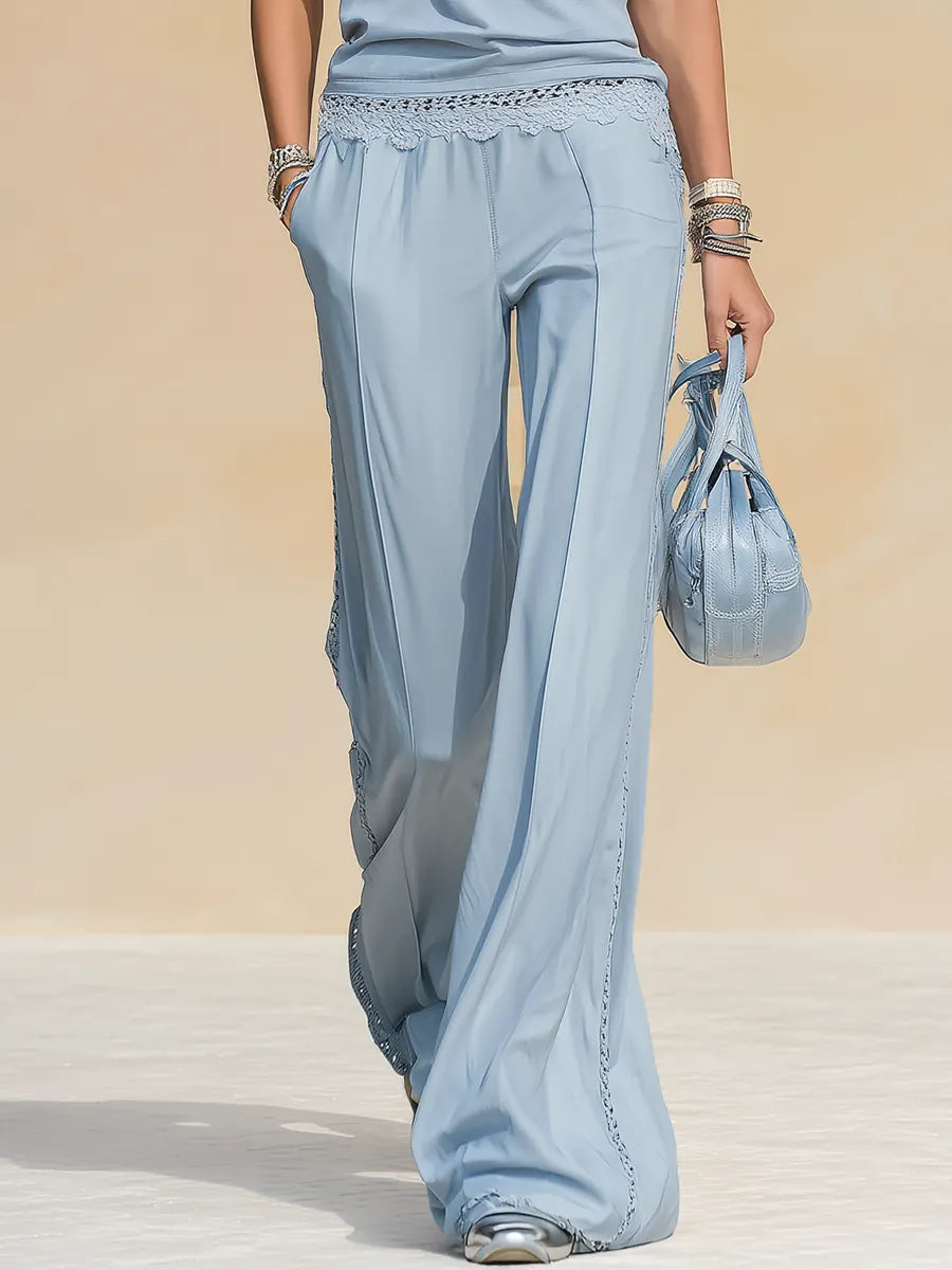 Retro-style Sporty  Lace Trim Short Sleeve T-shirt And Flared Pants Set
