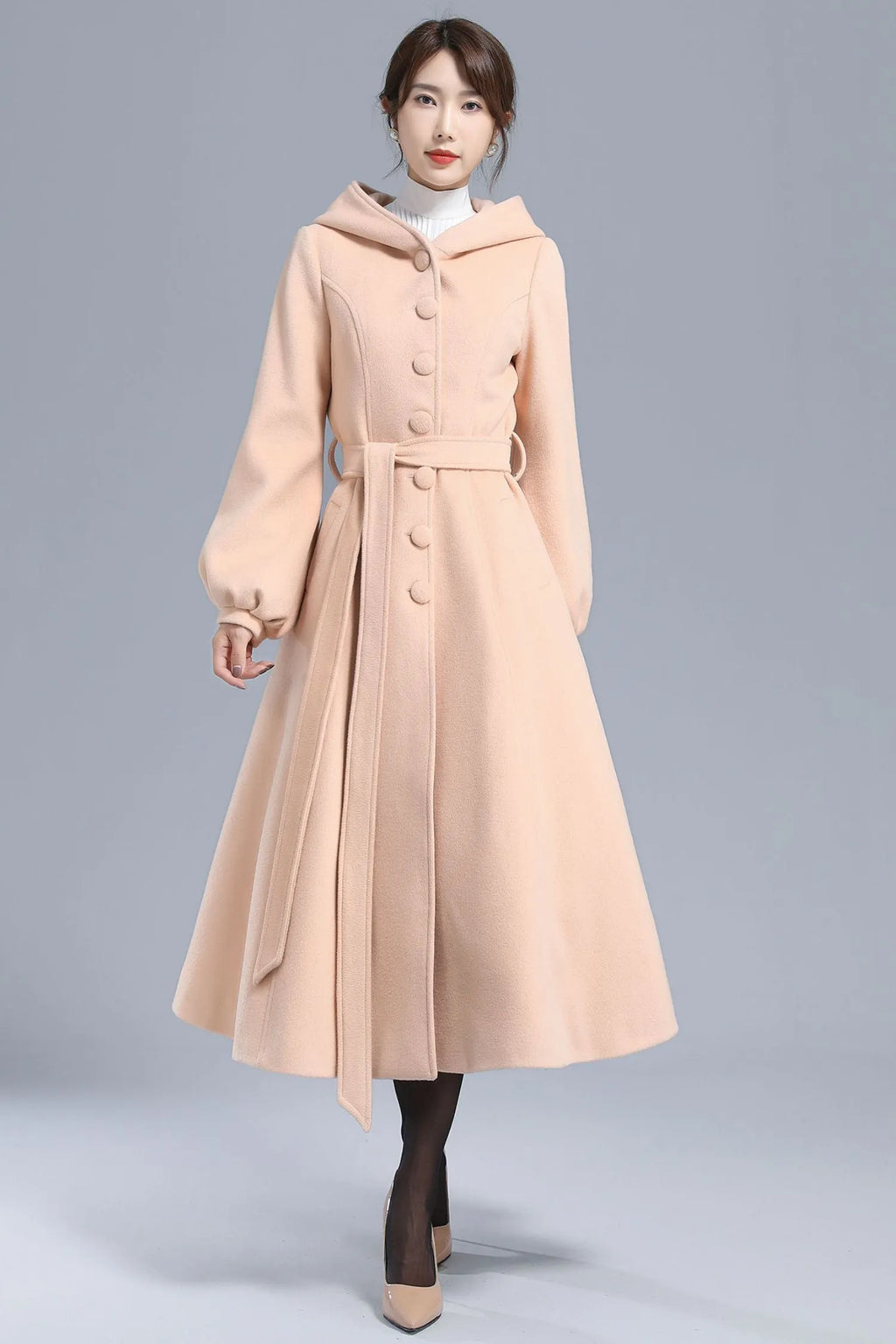 Handmade Wool Hooded Coat – Lantern Sleeve Belted Winter Long Overcoat 