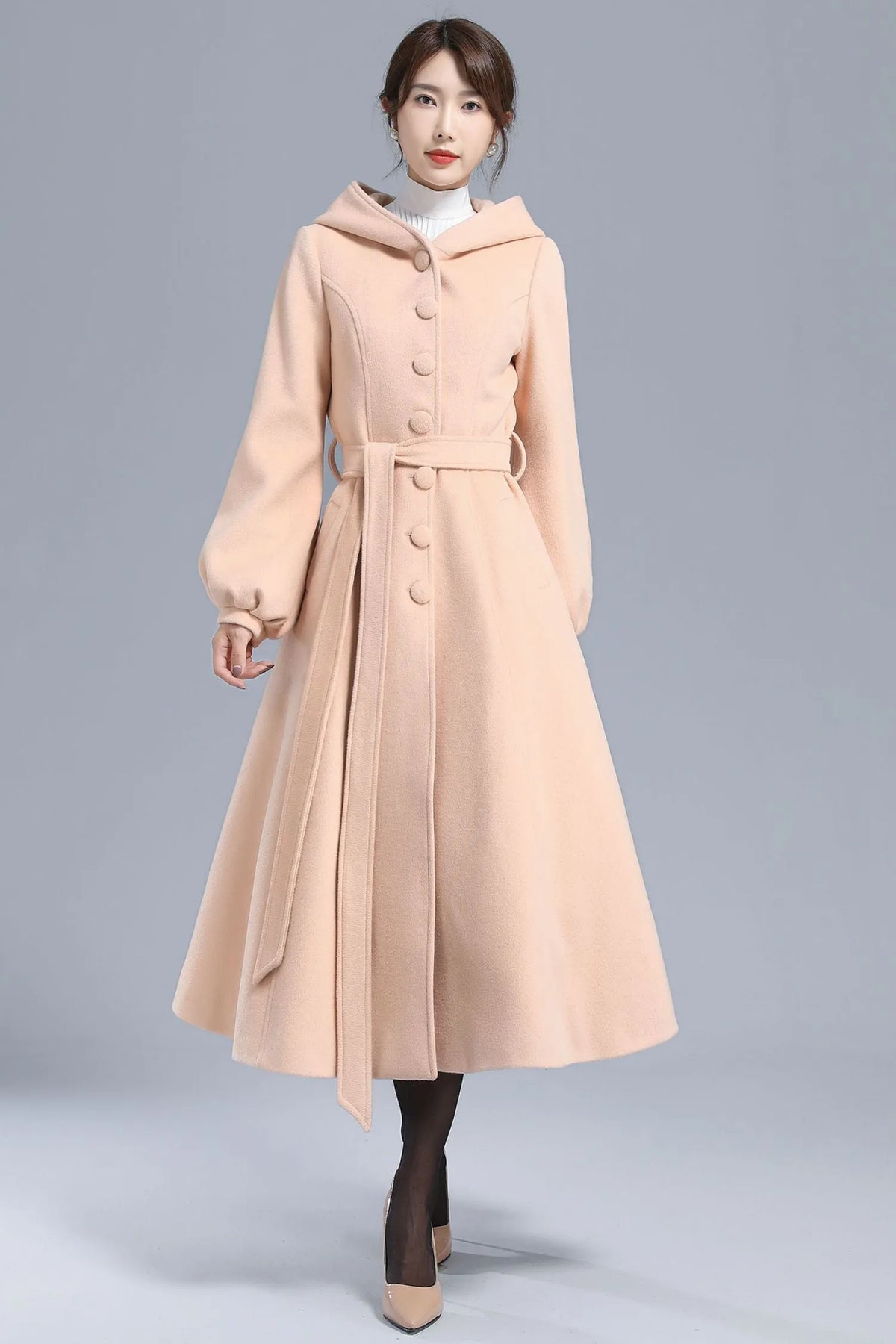 Handmade Wool Hooded Coat – Lantern Sleeve Belted Winter Long Overcoat 