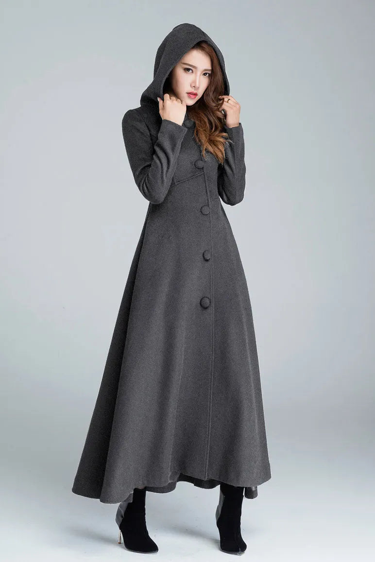 Black Wool Hooded Coat – Vintage A-Line Maxi Overcoat for Women 1839