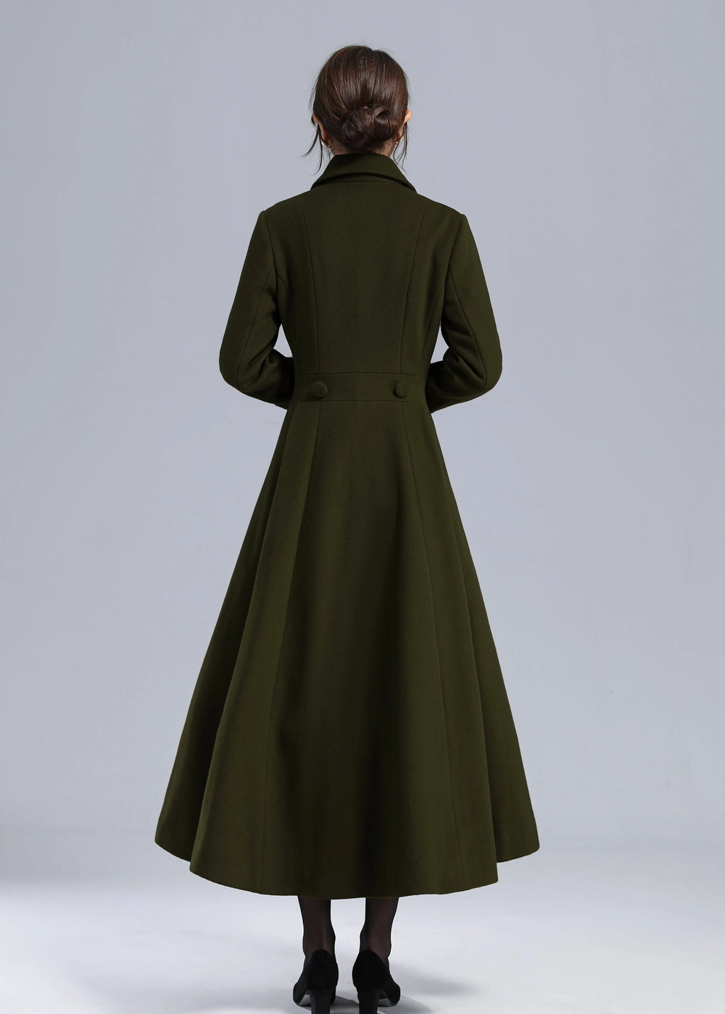 Forest Green Wool Maxi Coat – Vintage Fit and Flare Double Breasted Overcoat 5497