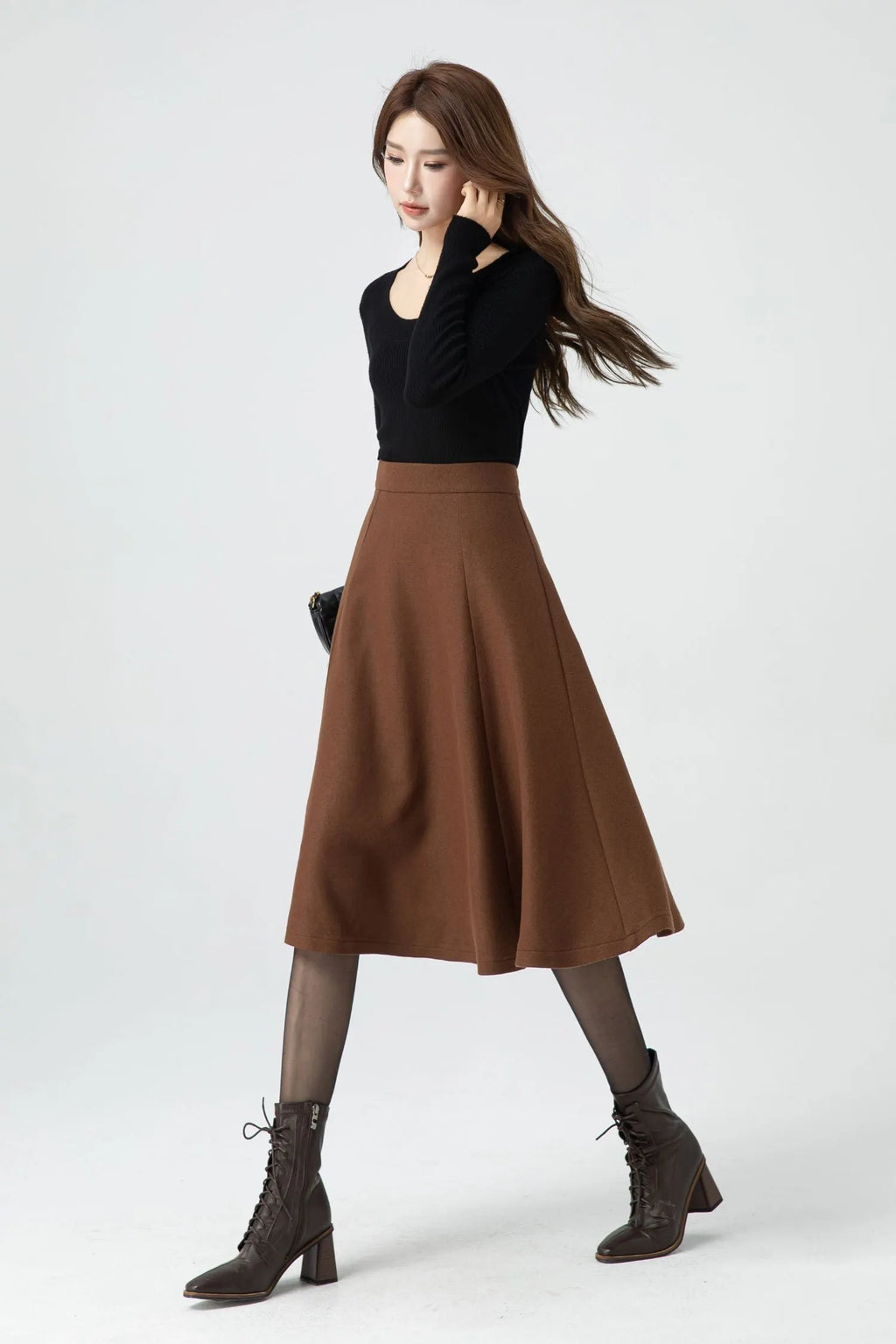 Brown Wool A-Line Skirt - Mid-Length Classic Winter Style 5316