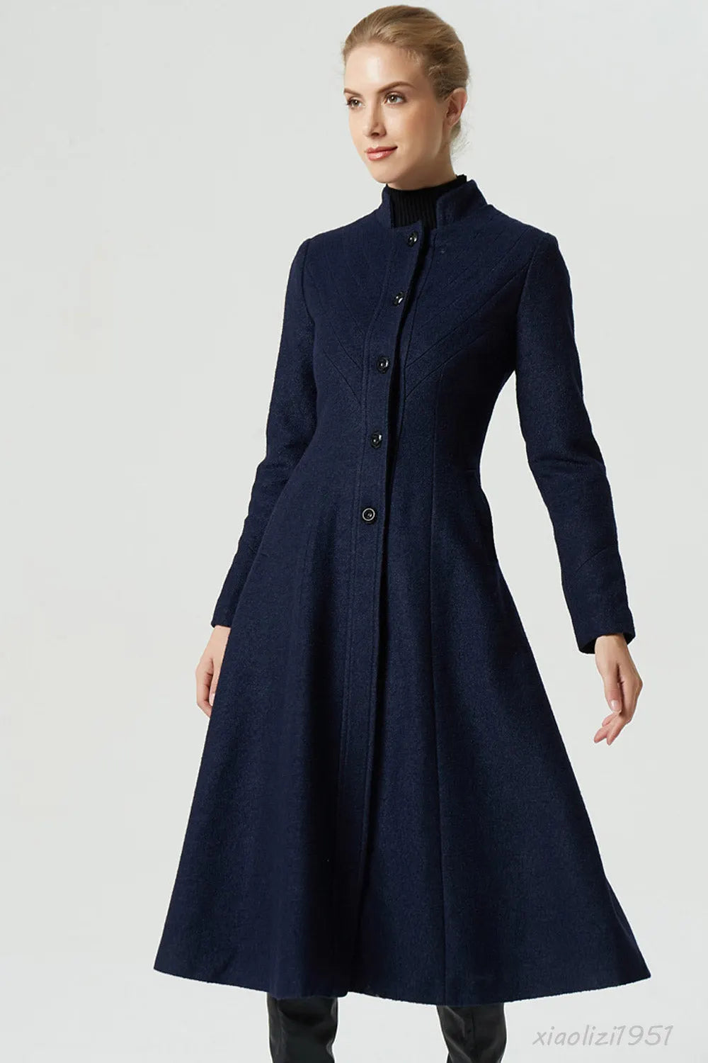 Vintage Wool Coat for Women – Handmade Navy A-Line Midi Winter Coat with Stand Collar 