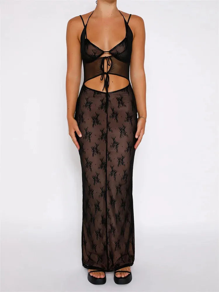 Sexy Women Lace Sleeveless Strap Sling Party Club Mesh See Through Hollow Out Slim Fit Vestidos