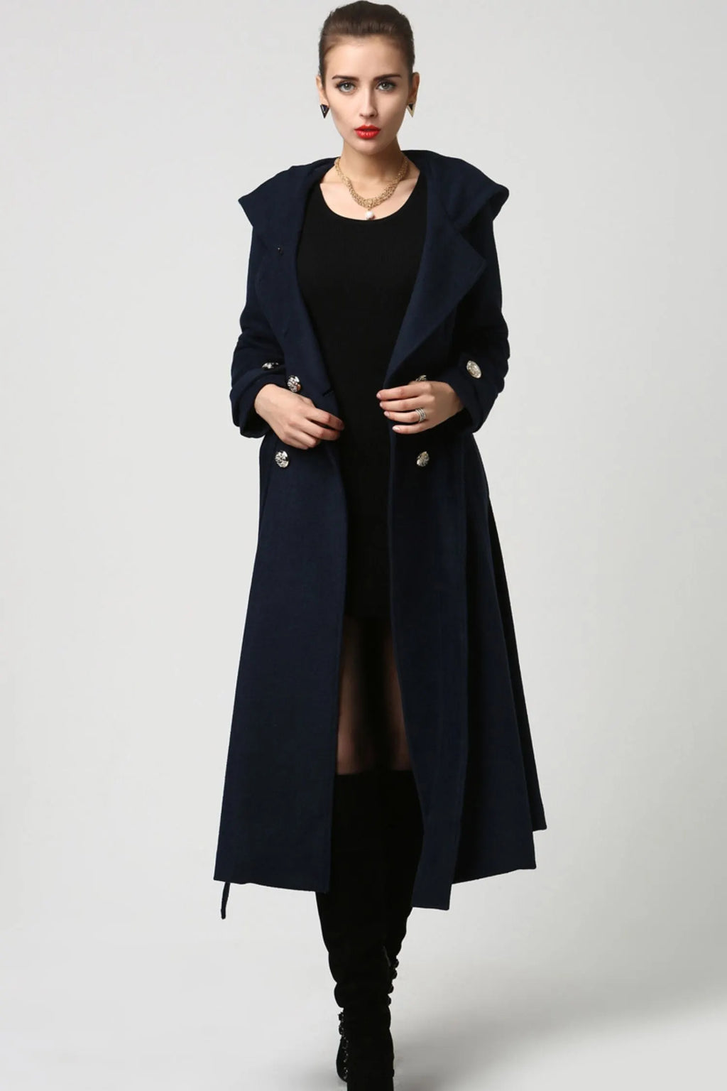 Long Wool Coat with Hood – Double Breasted Navy Blue Winter Coat with Self-Tie Belt  1114