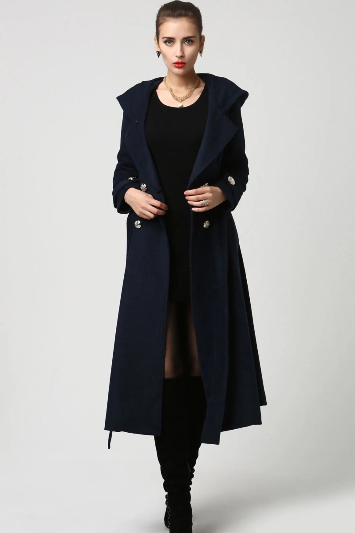 Long Wool Coat with Hood – Double Breasted Navy Blue Winter Coat with Self-Tie Belt  1114