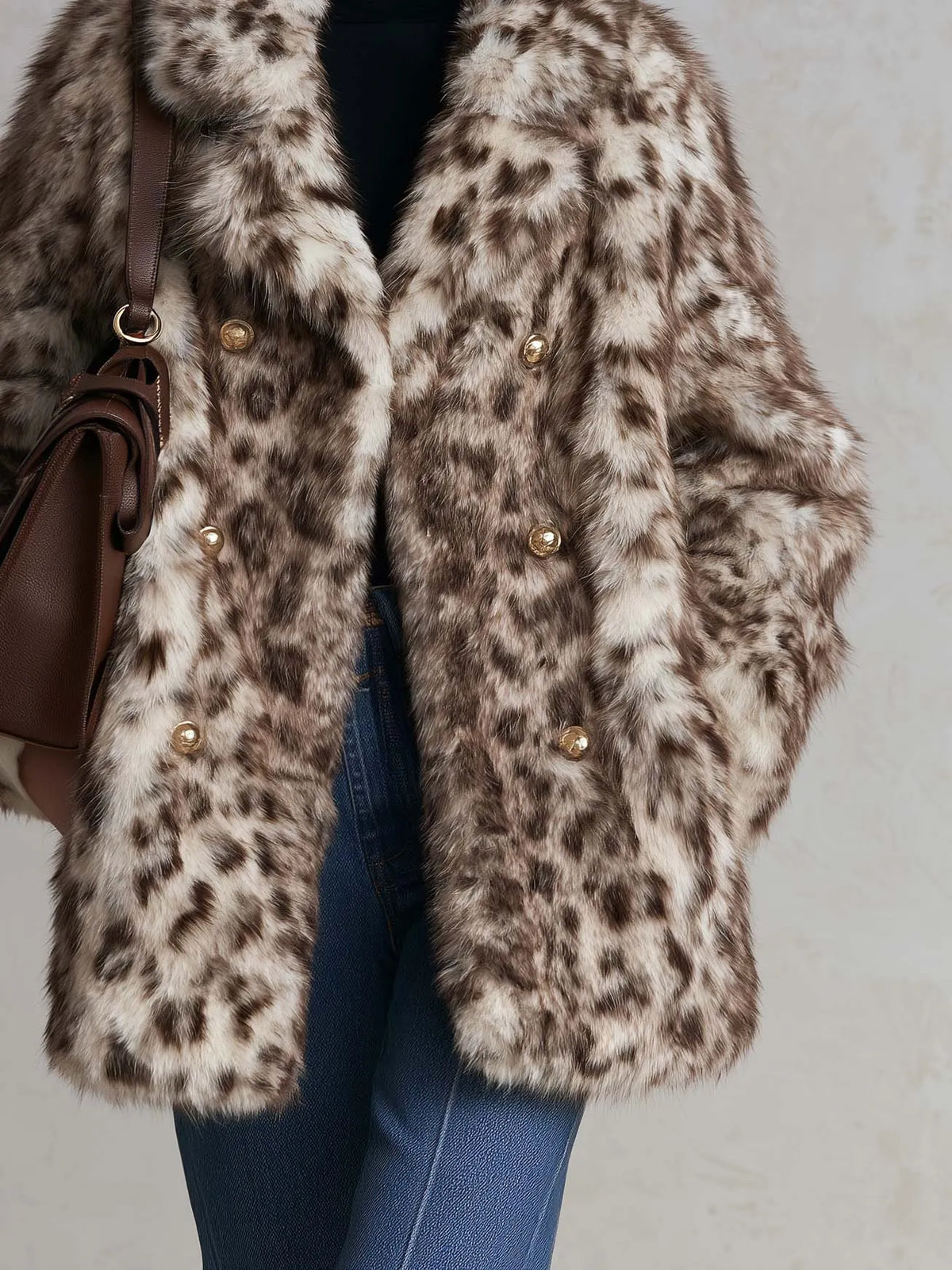Vintage-Inspired Leopard Faux Fur Double-Breasted Gold Button Statement Coat