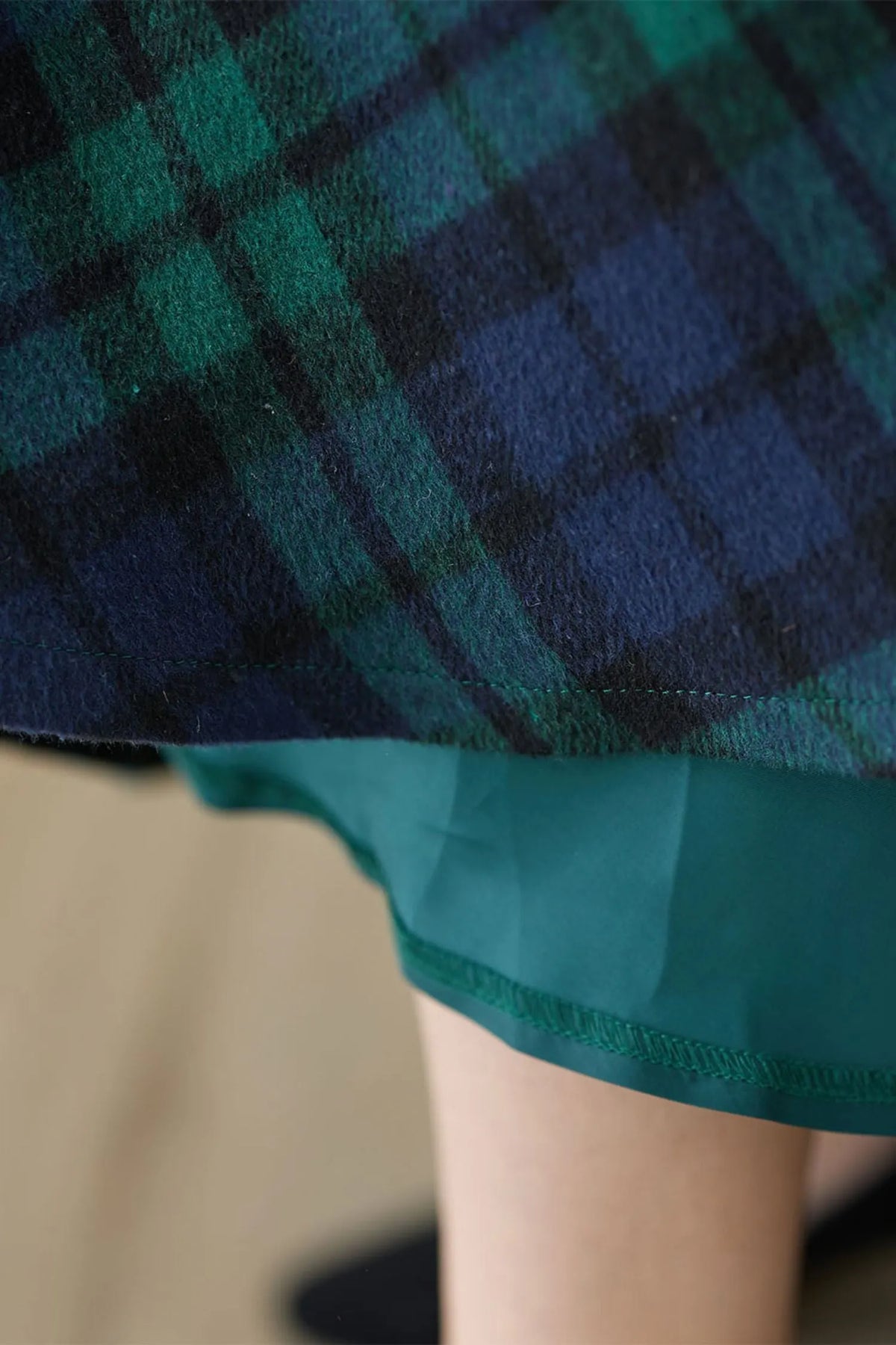Navy & Green Plaid Wool Maxi Skirt – Vintage A-Line Winter Skirt with Pockets 5258