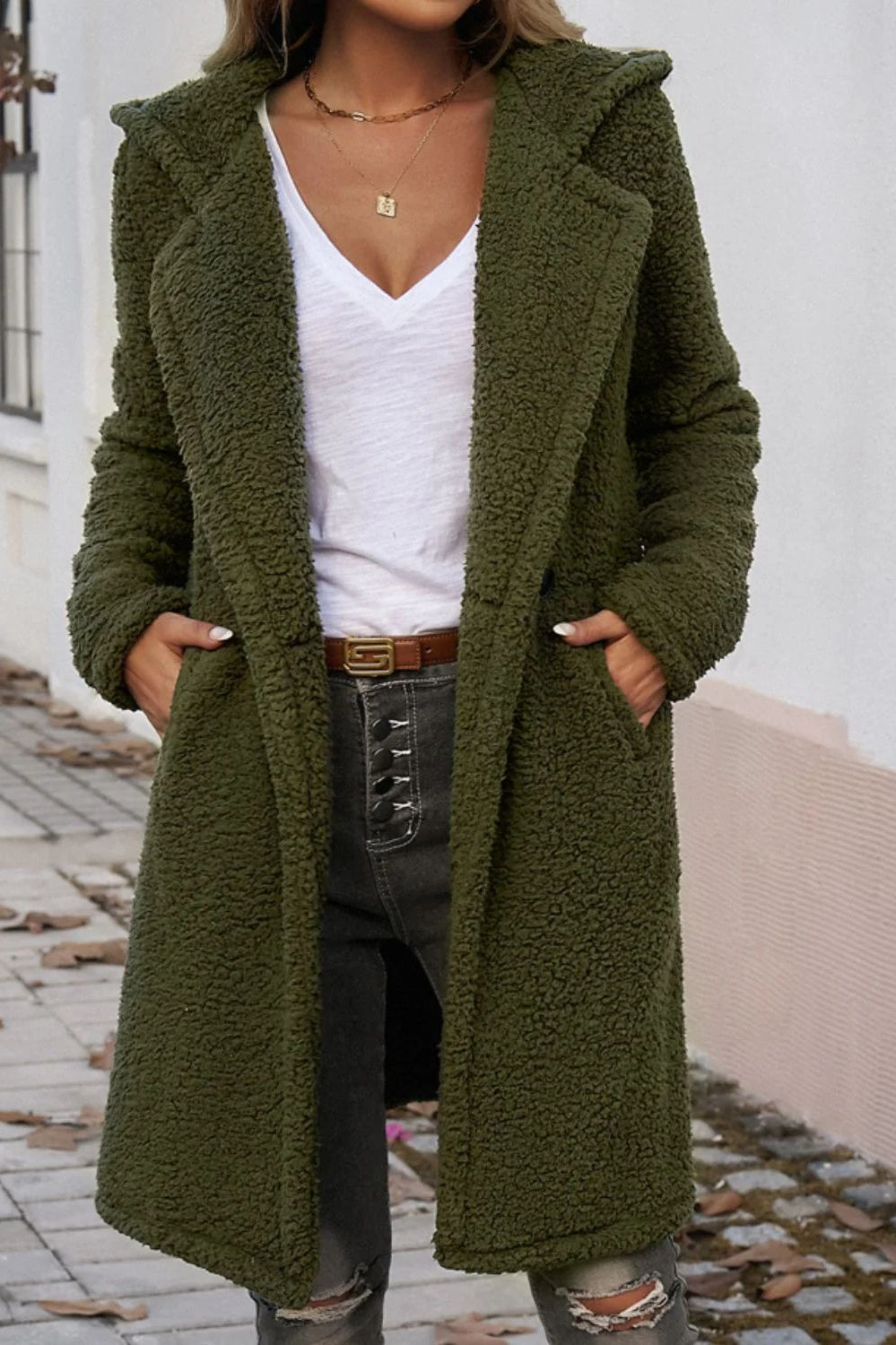Mid-Length Fuzzy Lapel Coat