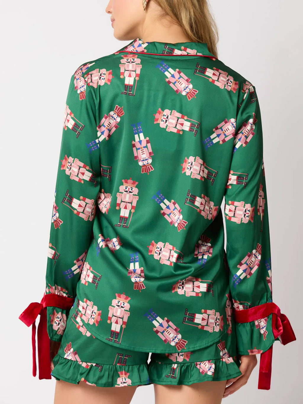 Green Satin Nutcracker Red Bow Pajama Set