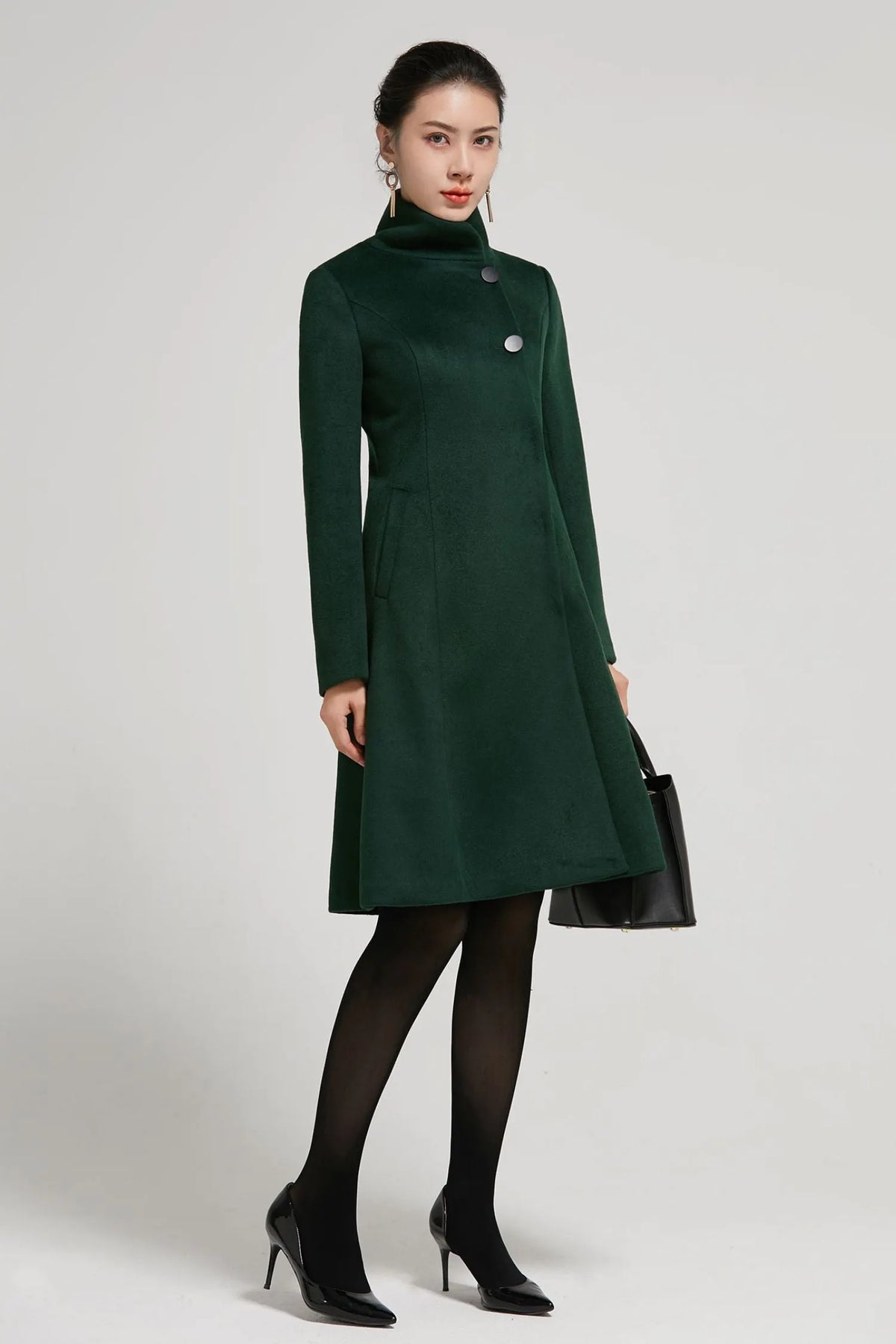Emerald Green Wool A-Line Winter Coat - Vintage Stand Collar 2313