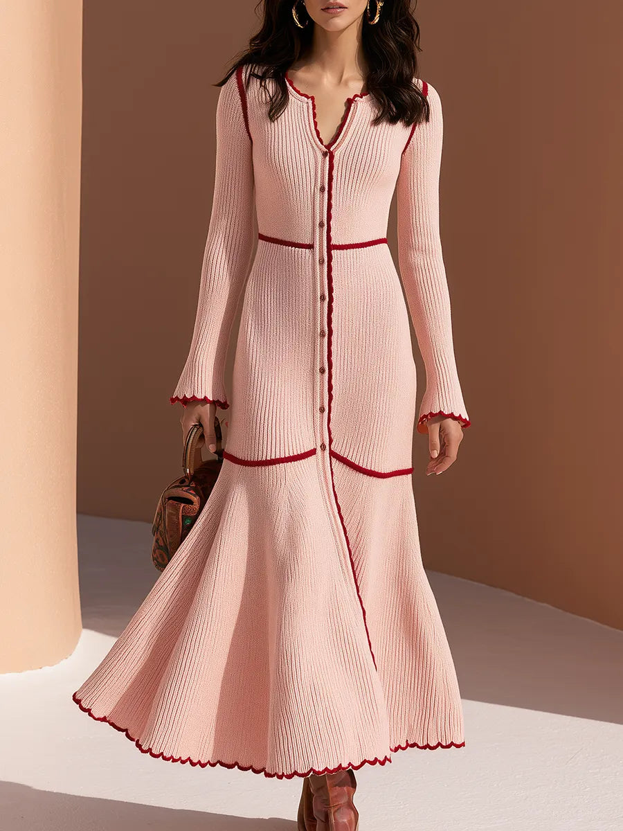 Old Money Vacation Contrast Trim Pink Knitted Maxi Dress