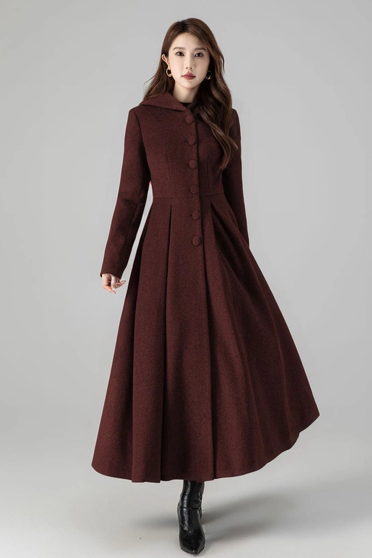Burgundy Hooded Wool Maxi Coat – Vintage Swing Long Winter Overcoat 5242