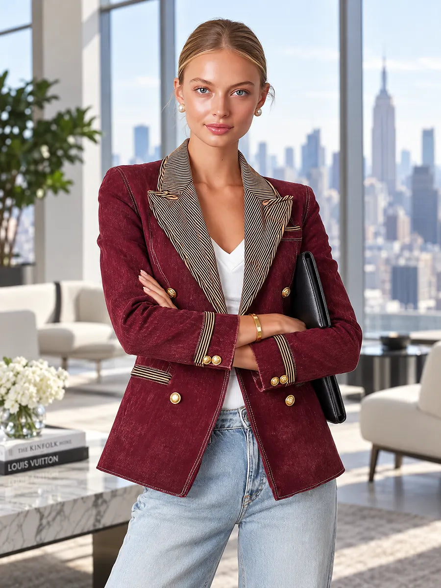 Burgundy Double and Striped Lapels Breasted Blazer