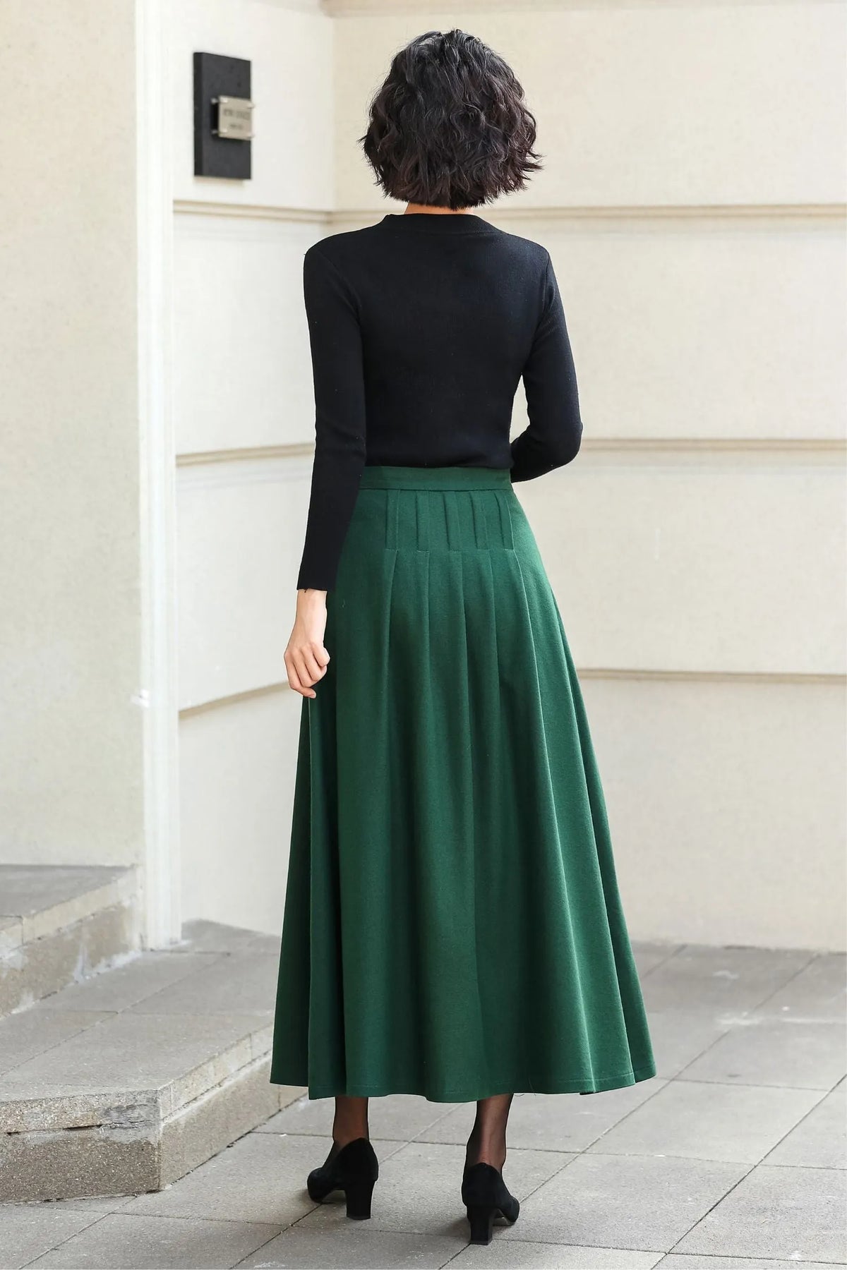Green Wool Blend A-Line Ankle Length Skirt - High Waist Flowy 6973
